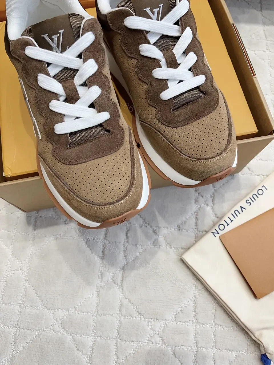 View 4 of Brown Leather Suede Modern Logo Accent Louis Vuitton Shoes