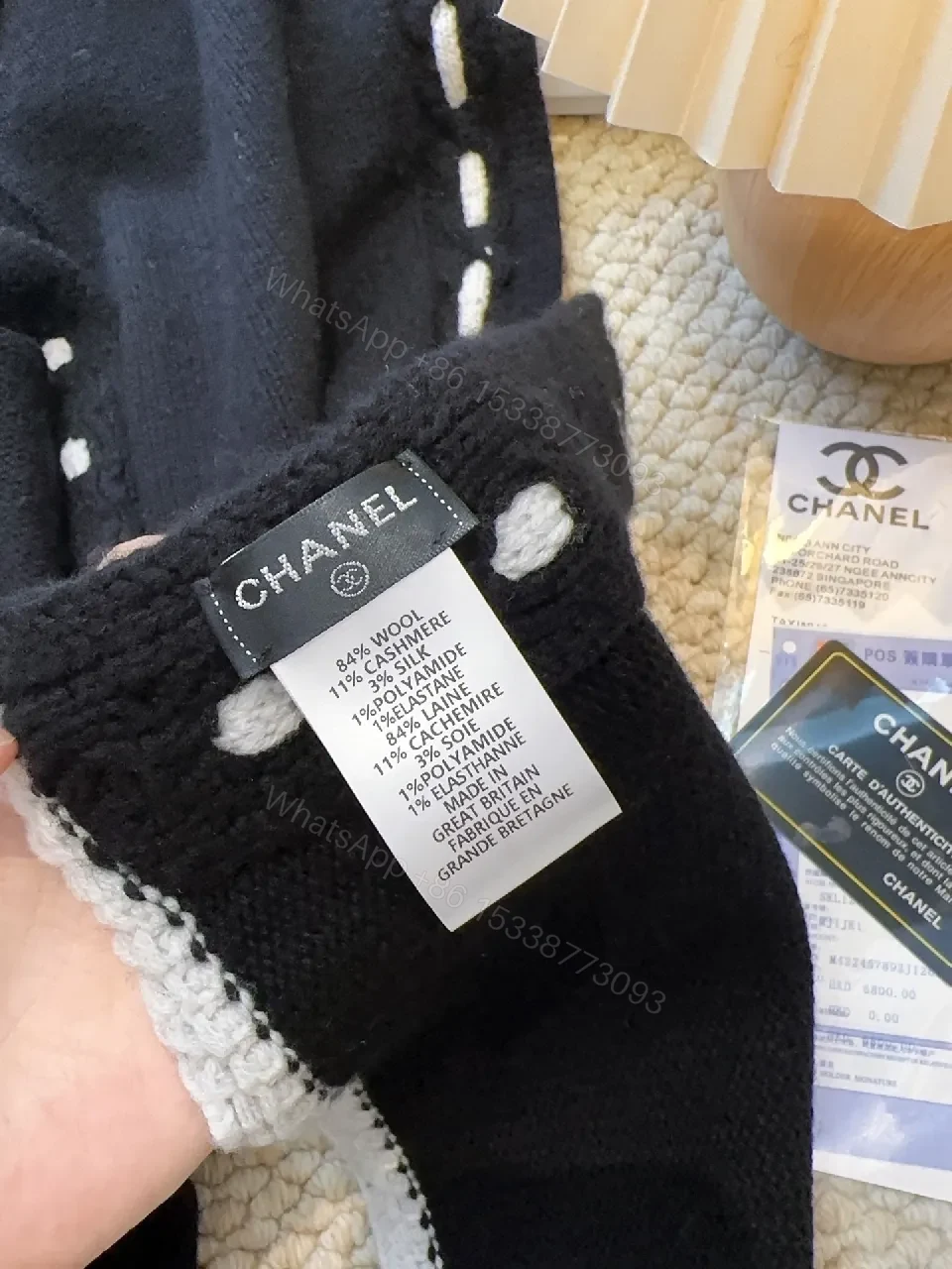 View 3 of Black Knit Scarf with White Stitching — Luxury Cozy Accessory
