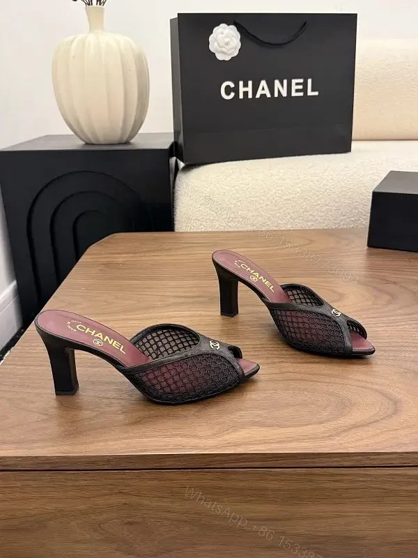 Black Mesh Leather Mule Chanel Style Heels — view 1