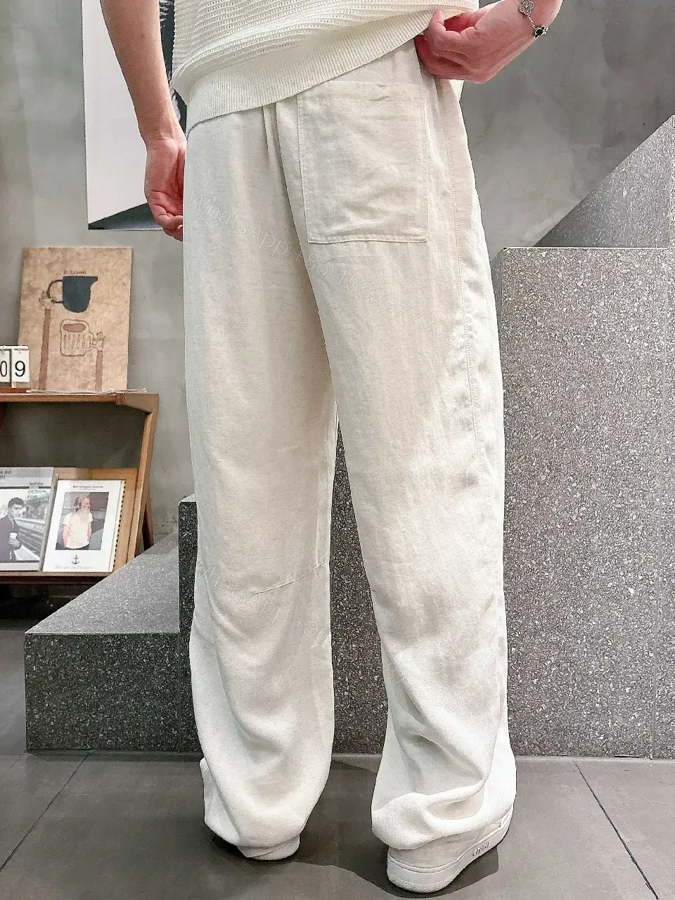 View 8 of Off-White Cream Linen-Look Wide-Leg Drawstring Pants