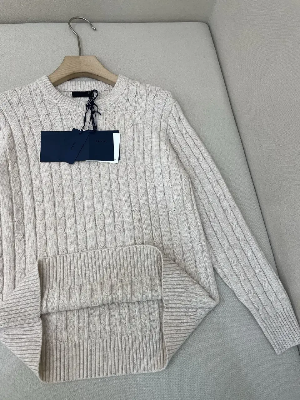 View 3 of Neutral Cable-Knit Crewneck Sweater with Texture
