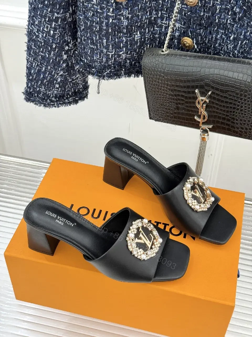 Black Leather Slingback Slides — Crystal Emblem, 2" Block Heel — view 1