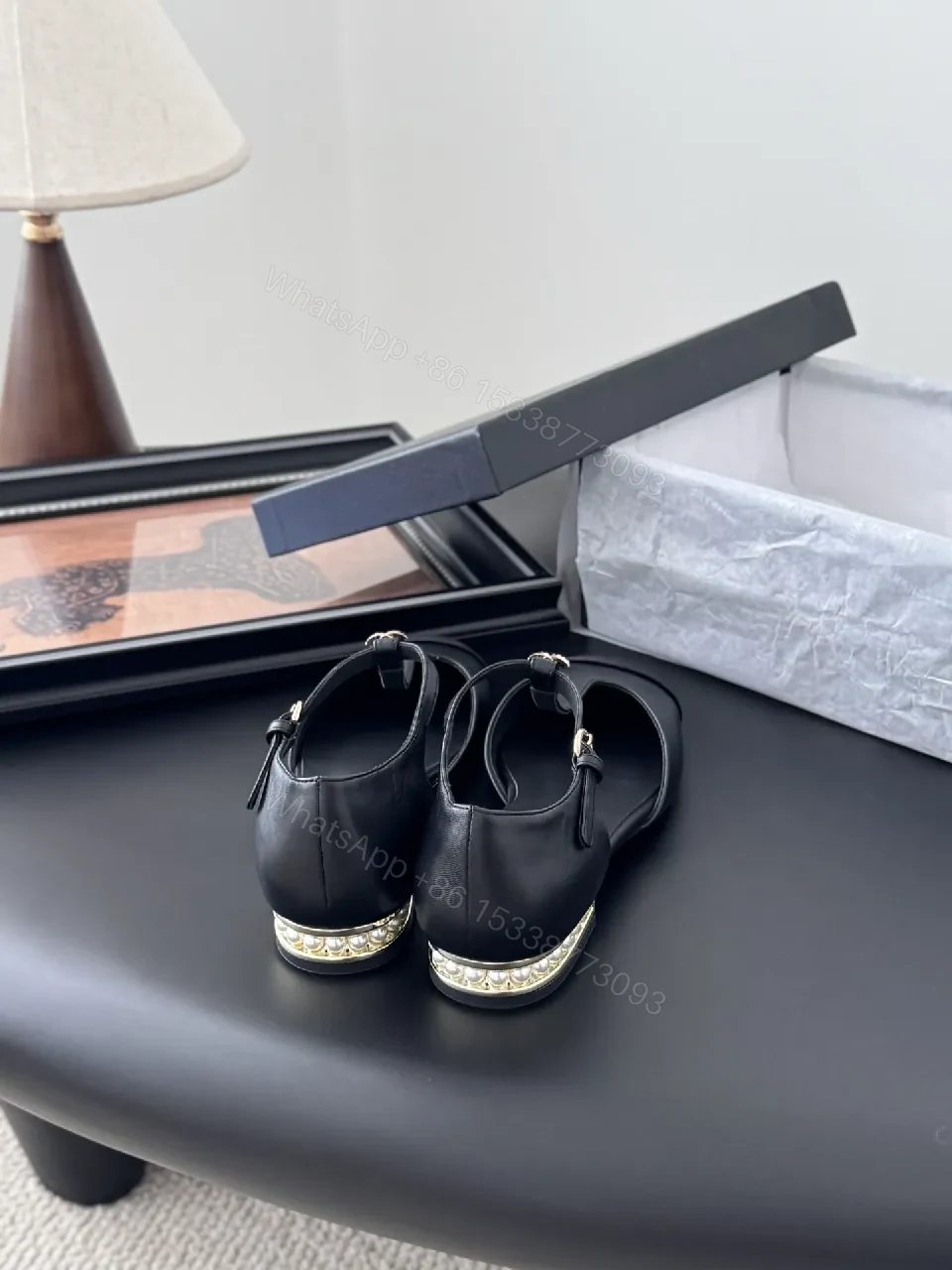 View 4 of Black Leather Slingback Heel with Pearl Trim