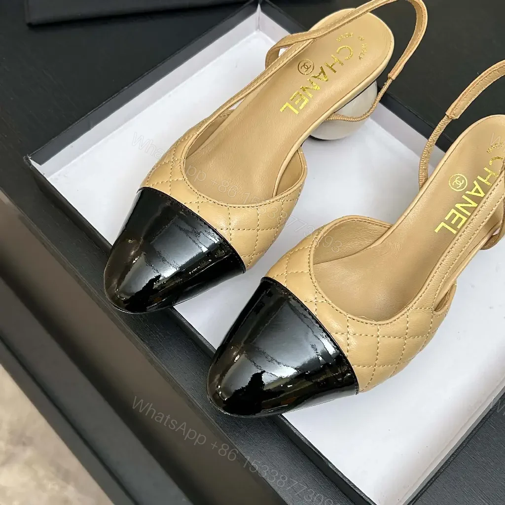 View 10 of Quilted Nude Slingback Pumps with Black Cap Toe and Spherical Heel