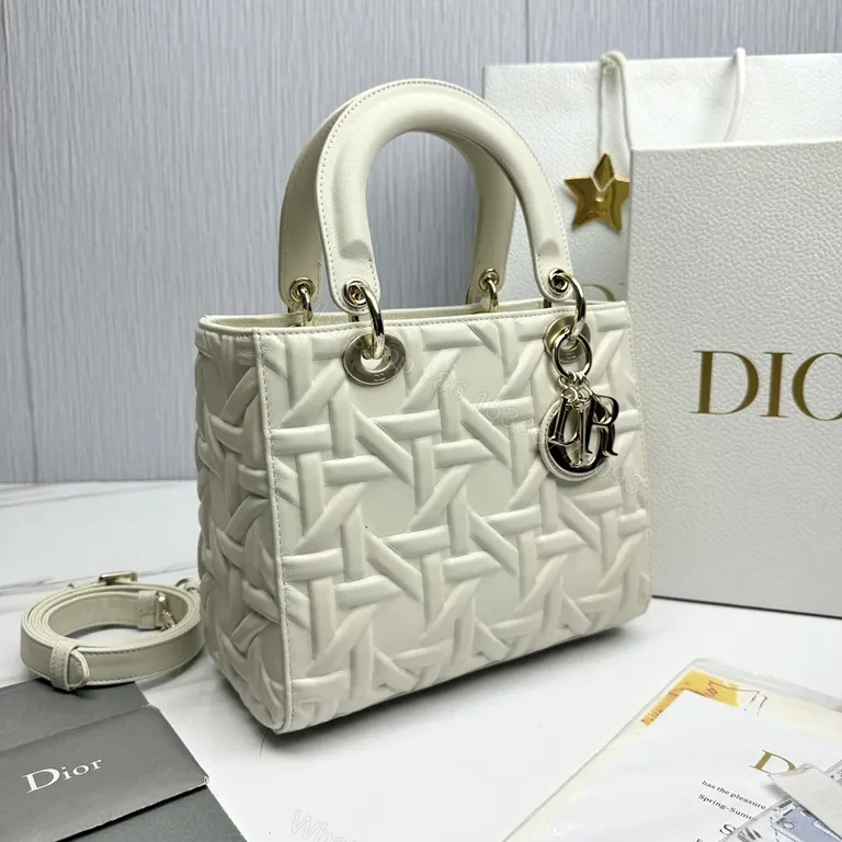 View 4 of White Leather Structured Tote: Dior-Embossed, Compact Luxury Tote