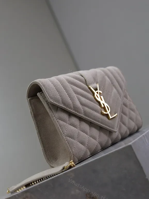 View 8 of Taupe Quilted Luxe Shoulder Bag with YSL Emblem