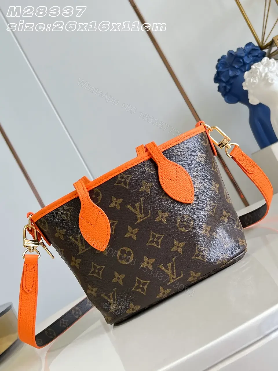 View 8 of Bright Orange Leather Trim Monogram Handbag with Detachable Strap