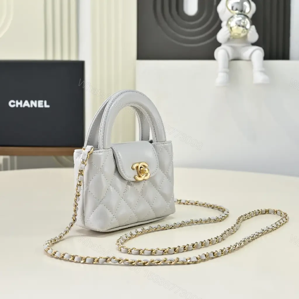 View 9 of Quilted Gray Luxe Mini Flap Bag - Gold Hardware