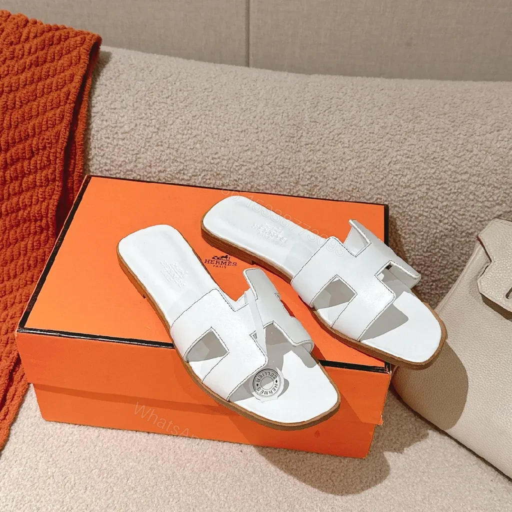 View 5 of White Leather H-Cutout Sandals - Premium Open-Back Slides
