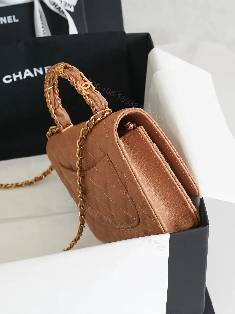 View 8 of Taupe Quilted Leather Shoulder Bag - Timeless, Luxe