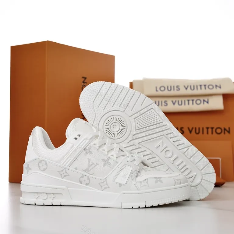View 5 of White Leather LV-Inspired Luxury Sneakers, All-Day Comfort