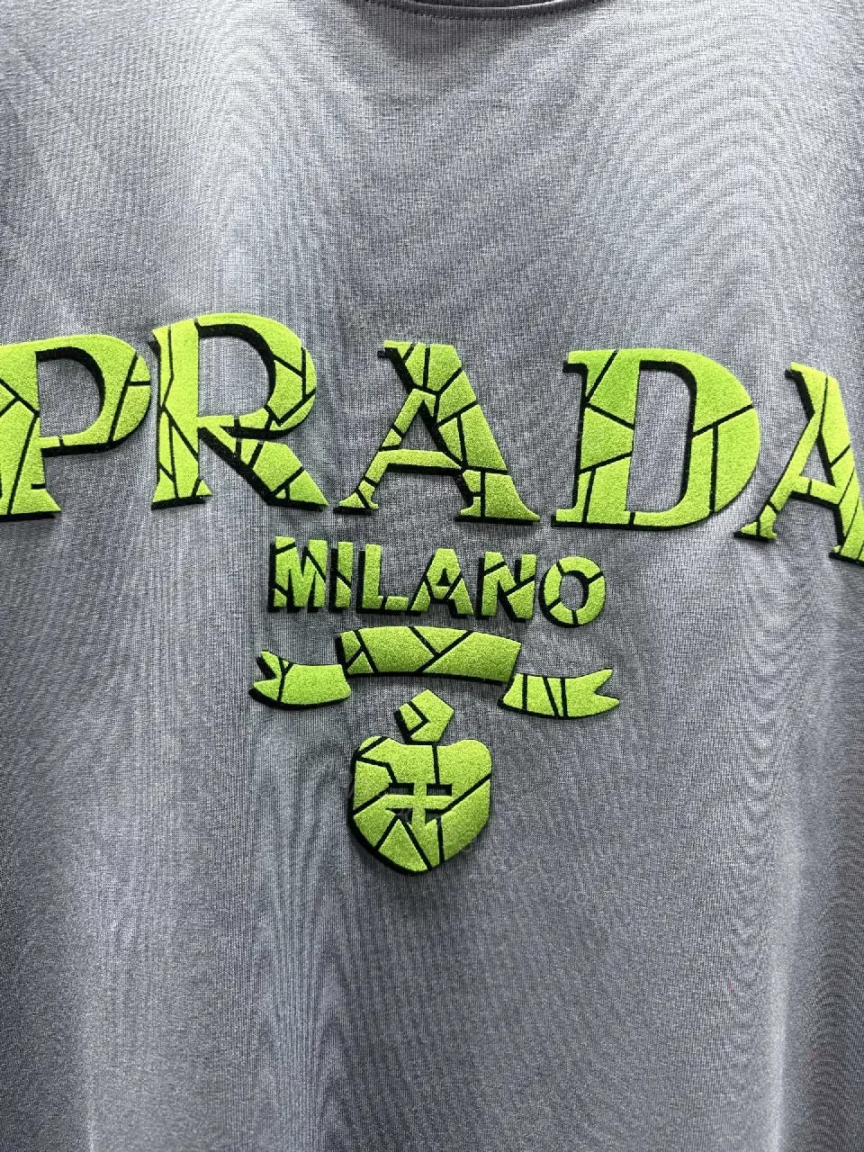 View 5 of Charcoal Cotton Tee with Neon Prada-Inspired Logo Embellishment