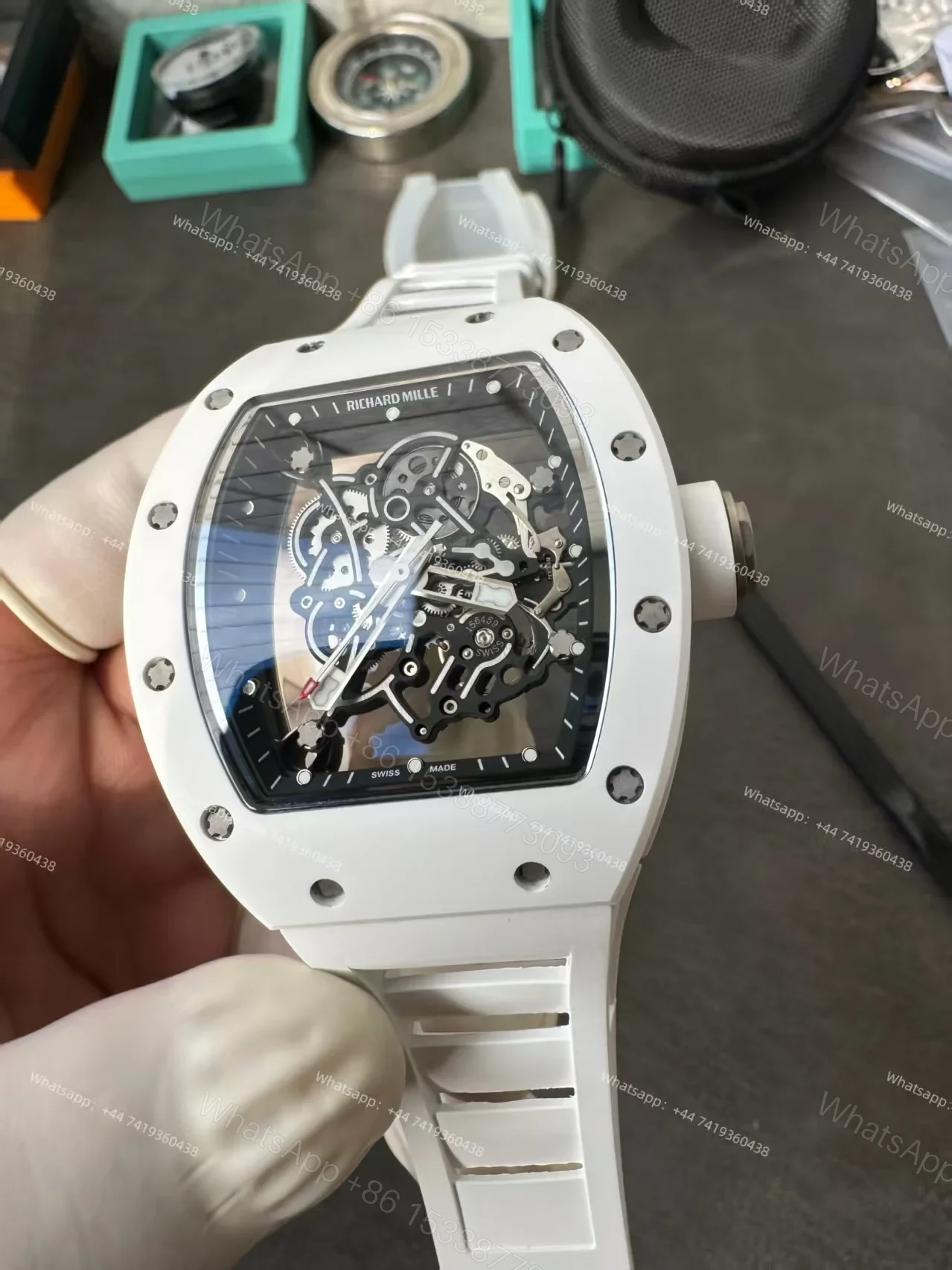View 10 of Richard Mille RM 055 White Ceramic Skeleton Vaucher Free-Sprung Movement White Rubber Strap Custom Super Clone