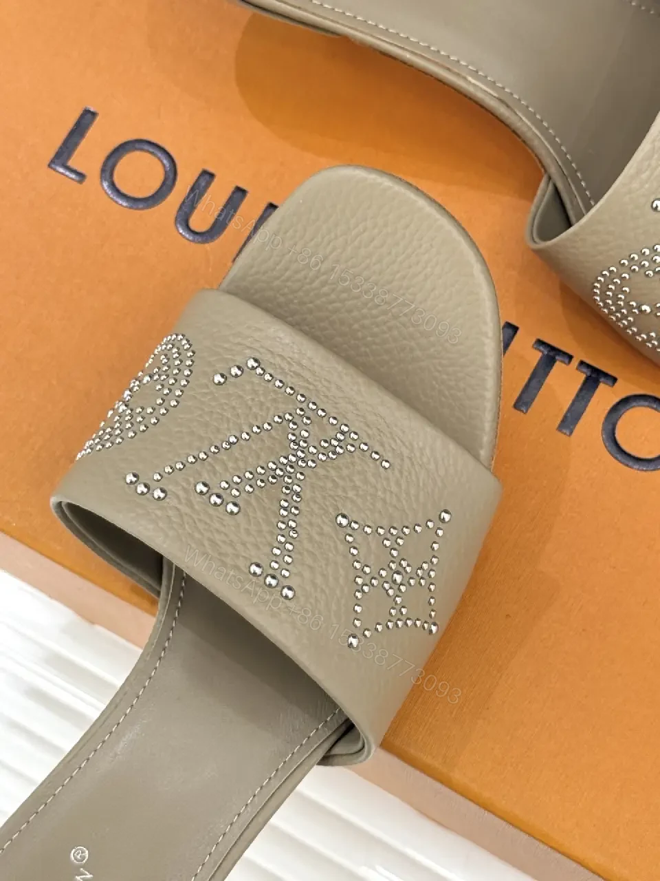 View 6 of Textured Taupe Slip-On Sandals – Lux Comfort, Subtle LV Style