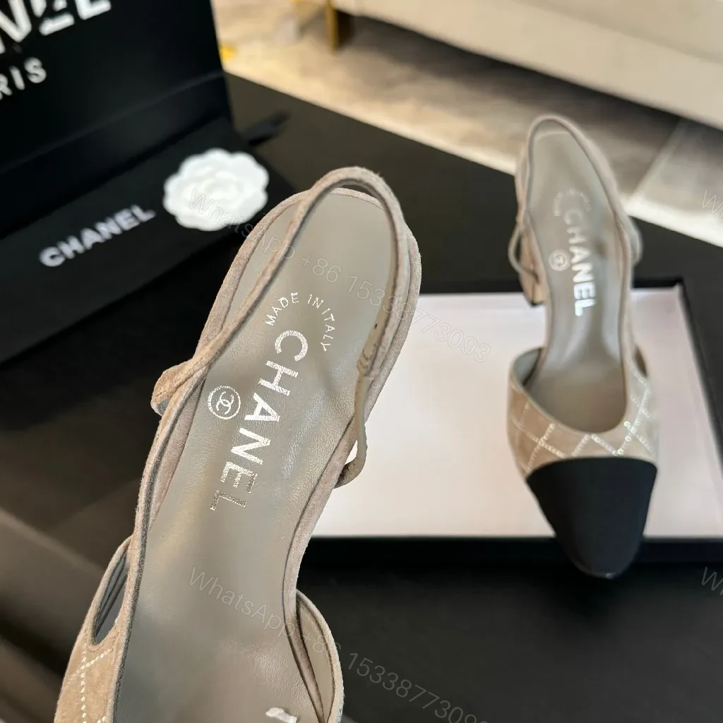 View 3 of Taupe Grid Textured Slingbacks with Black Cap Toe - Elegant Heels
