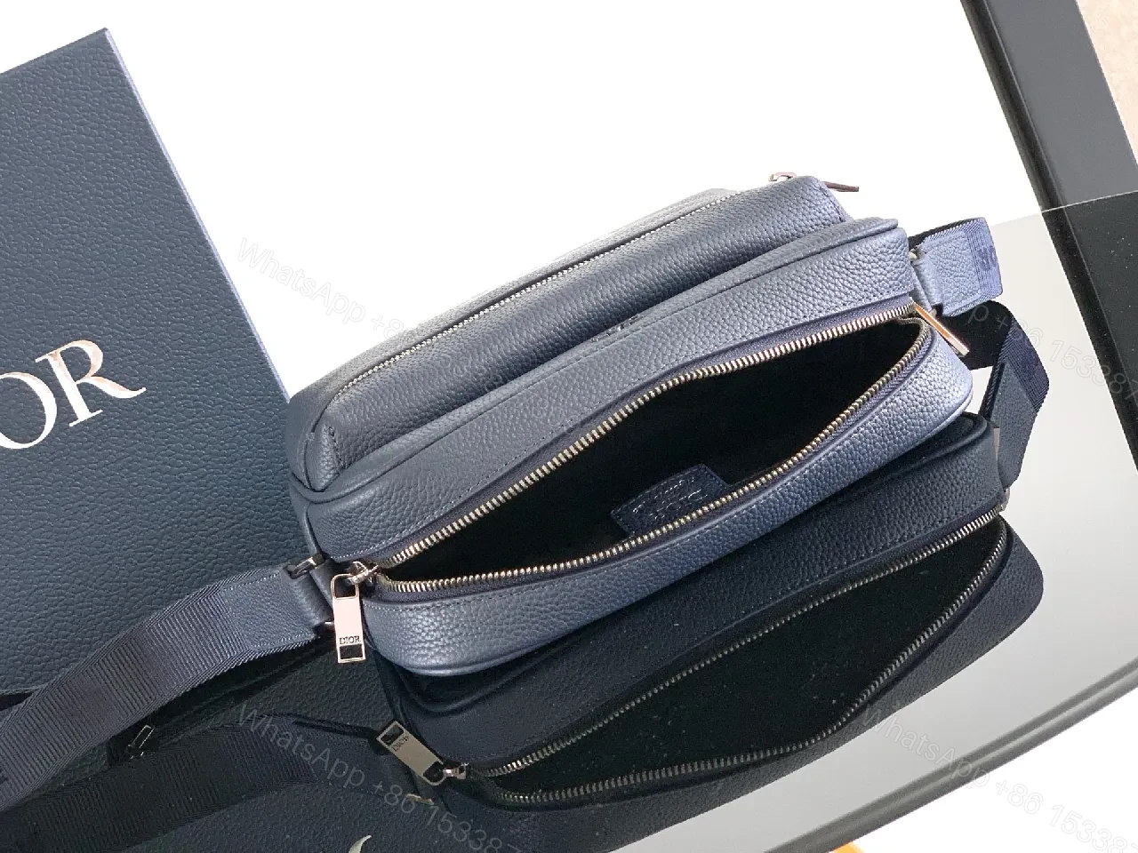 View 7 of Navy Leather Compact Messenger Bag: Mini Dior-Influenced Style