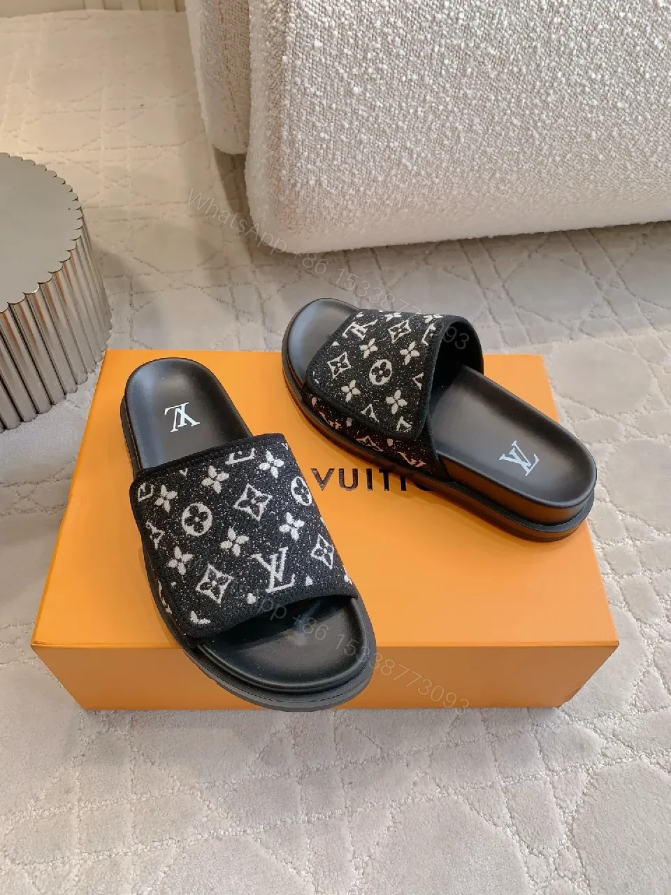 View 7 of Monochrome LV-Pattern Slides: Luxury Comfort for All-Day Wear