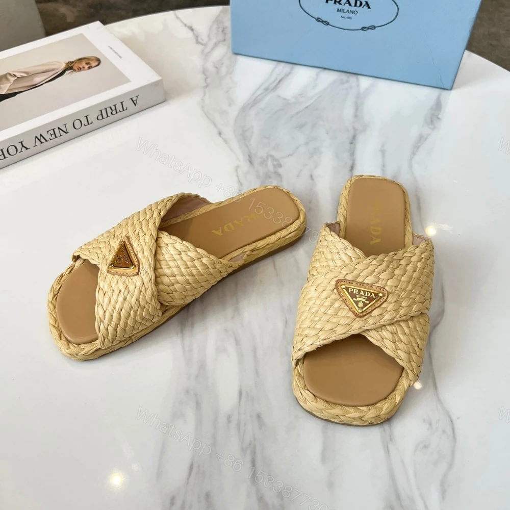 View 4 of PRADA RAFFIA CRISSCROSS SLIDES NATURAL