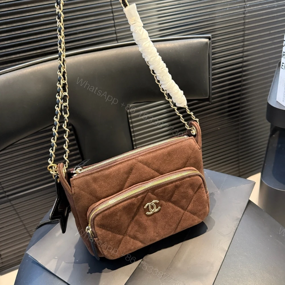 View 3 of Chanel Clutch With Strap Velvet Effect Nylon Glossy Wrinkled And Gold Metallic Brown 20Cm