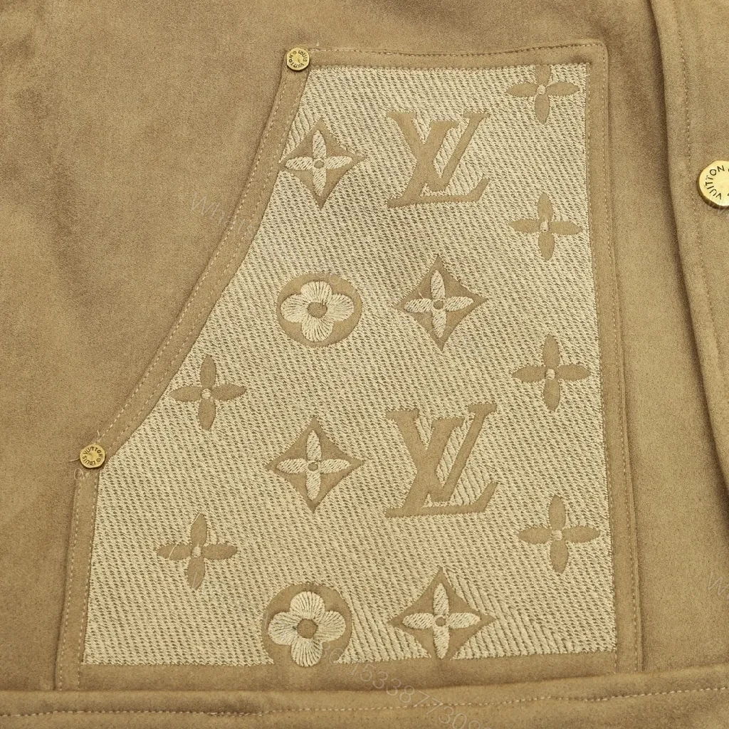 View 7 of Brown Suede Jacket with Shearling Collar & Monogram Panels - Luxe Streetwear Jacket
