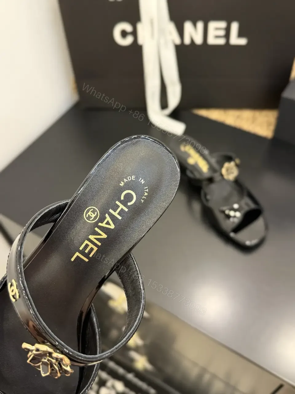 View 3 of Glossy Satin Mules with Crystal Rose Accent - Open-Toe, Low Heel