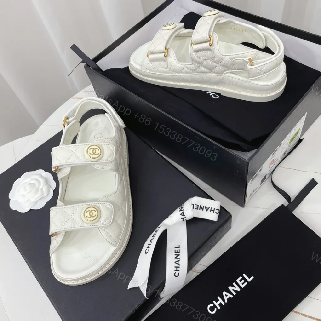 View 9 of White Quilted Sandals with Gold Logo – Luxe Comfort Footwear