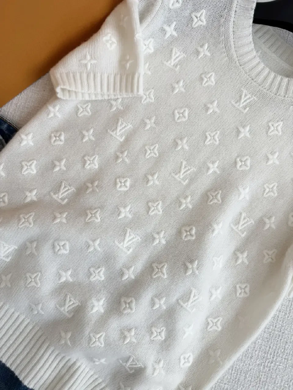 View 5 of White Knit Sweater Baggy Monogram Star Pattern Crew Neck Knitwear