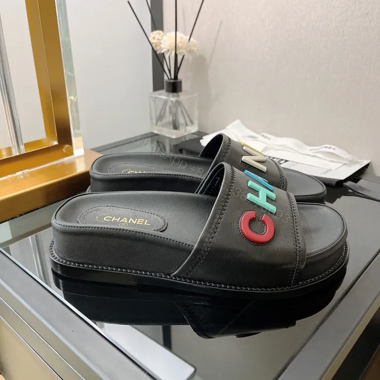 View 4 of Bold CHANEL Lettering Sandals: Multicolor Leather Slide