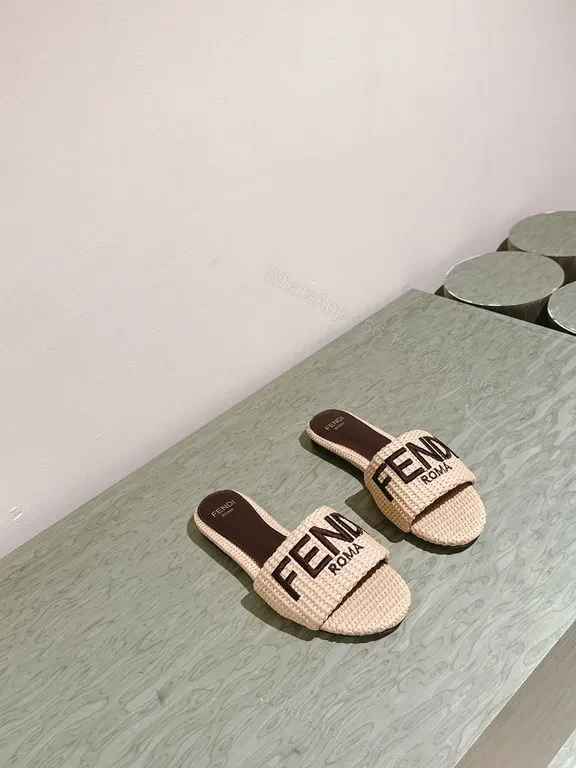 View 5 of Raffia + Leather? Not applicable. Wait. Bold Logo Raffia Slide â€” Luxury Resort Footwear