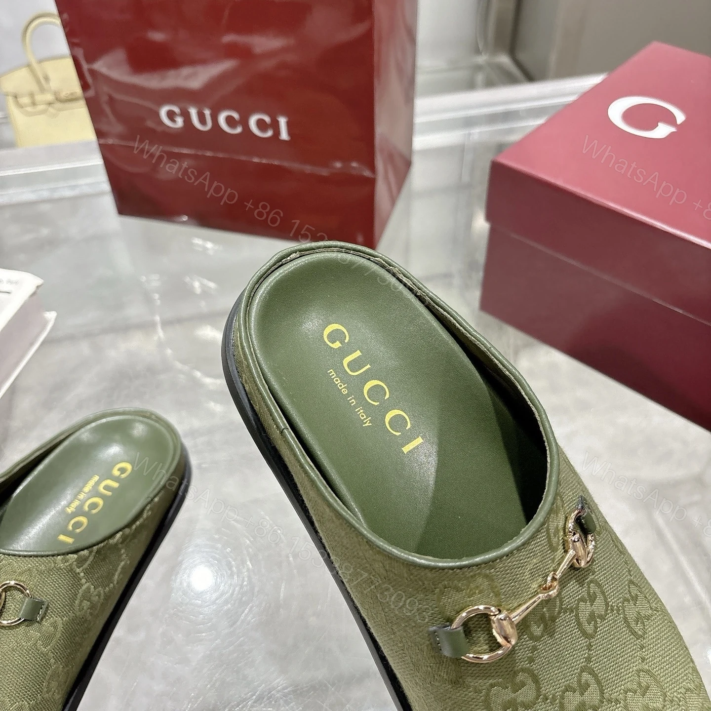 View 9 of GUCCI WOMEN MULE WITH HORSEBIT DARK GREEN GG CANVAS 837130 FAB10 3046
