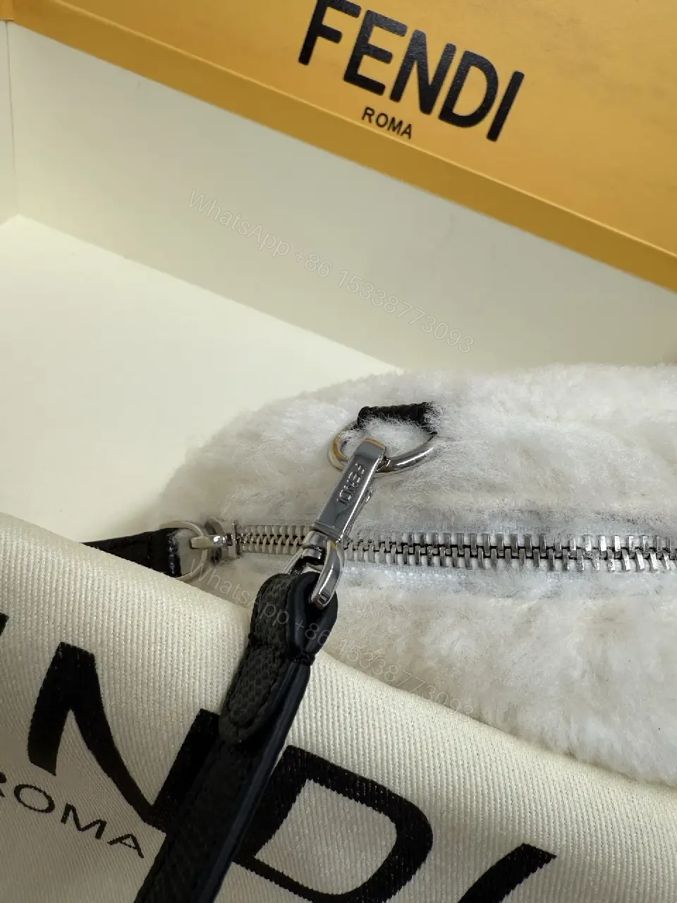 View 2 of White Shearling Mini Bag Charm, Luxe Style, Adjustable Strap