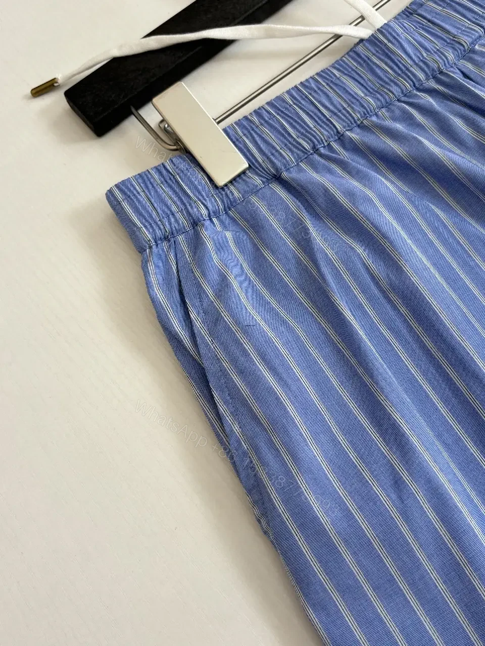 View 10 of Blue Striped Lightweight Drawstring Shorts - Subtle Embossed Logo Luxury