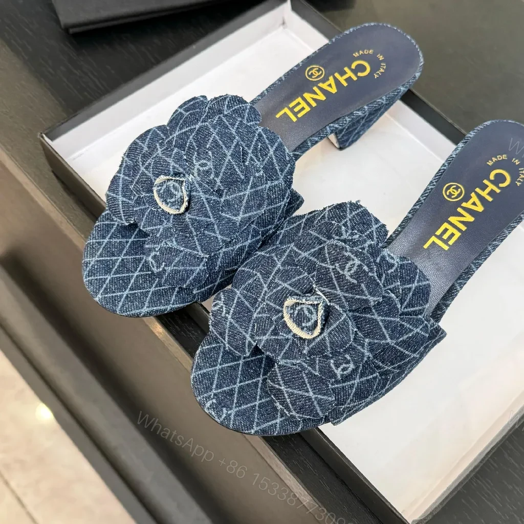 View 3 of Denim-Textured Mule Sandals with Luxe Emblem