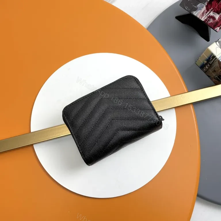 View 6 of Compact Luxe Wallet â€” Chevron Texture with YSL Hardware (Black)