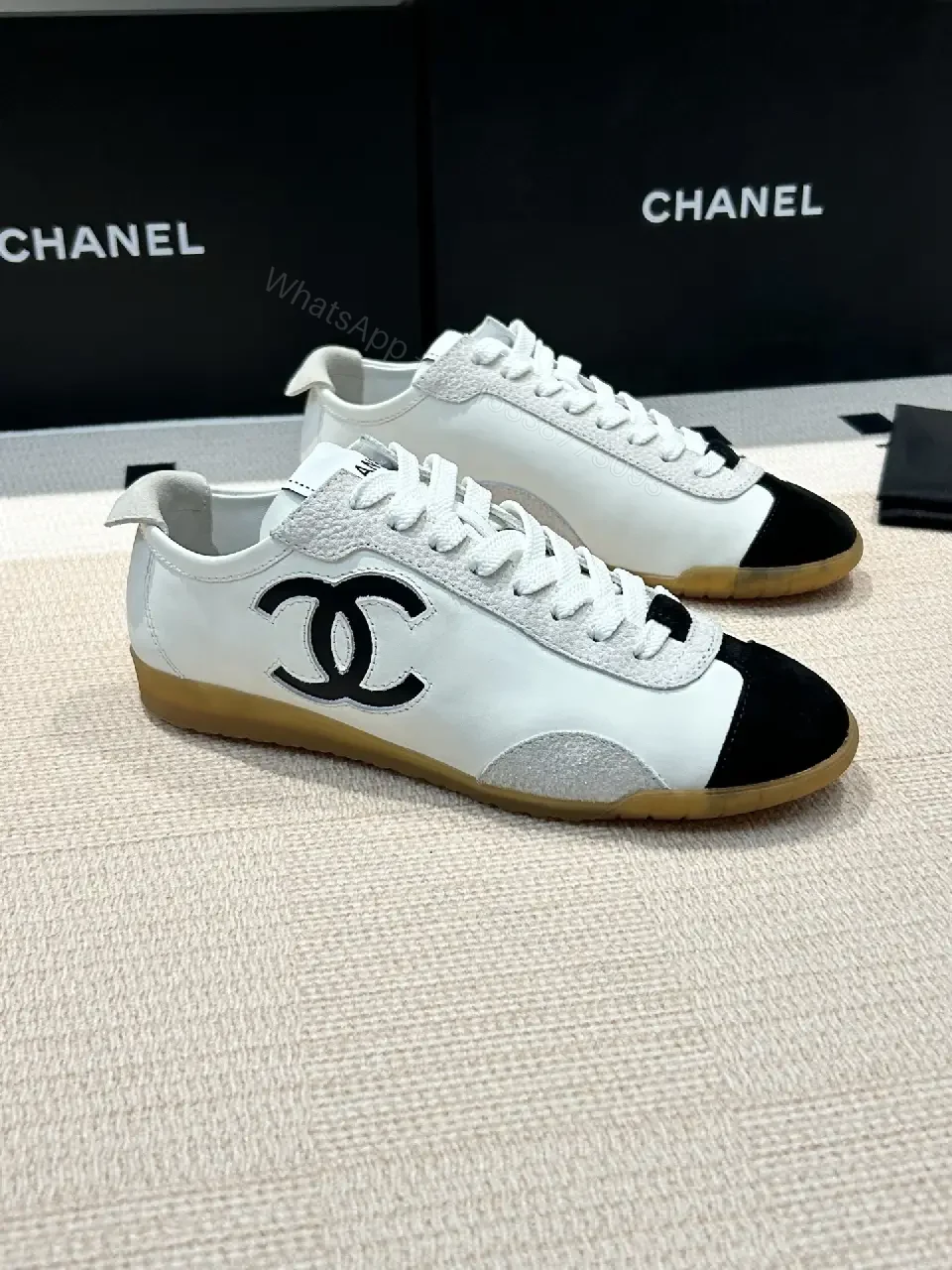 View 7 of White Leather Sneaker with Bold Logo, Gum Sole, Luxury Chic
