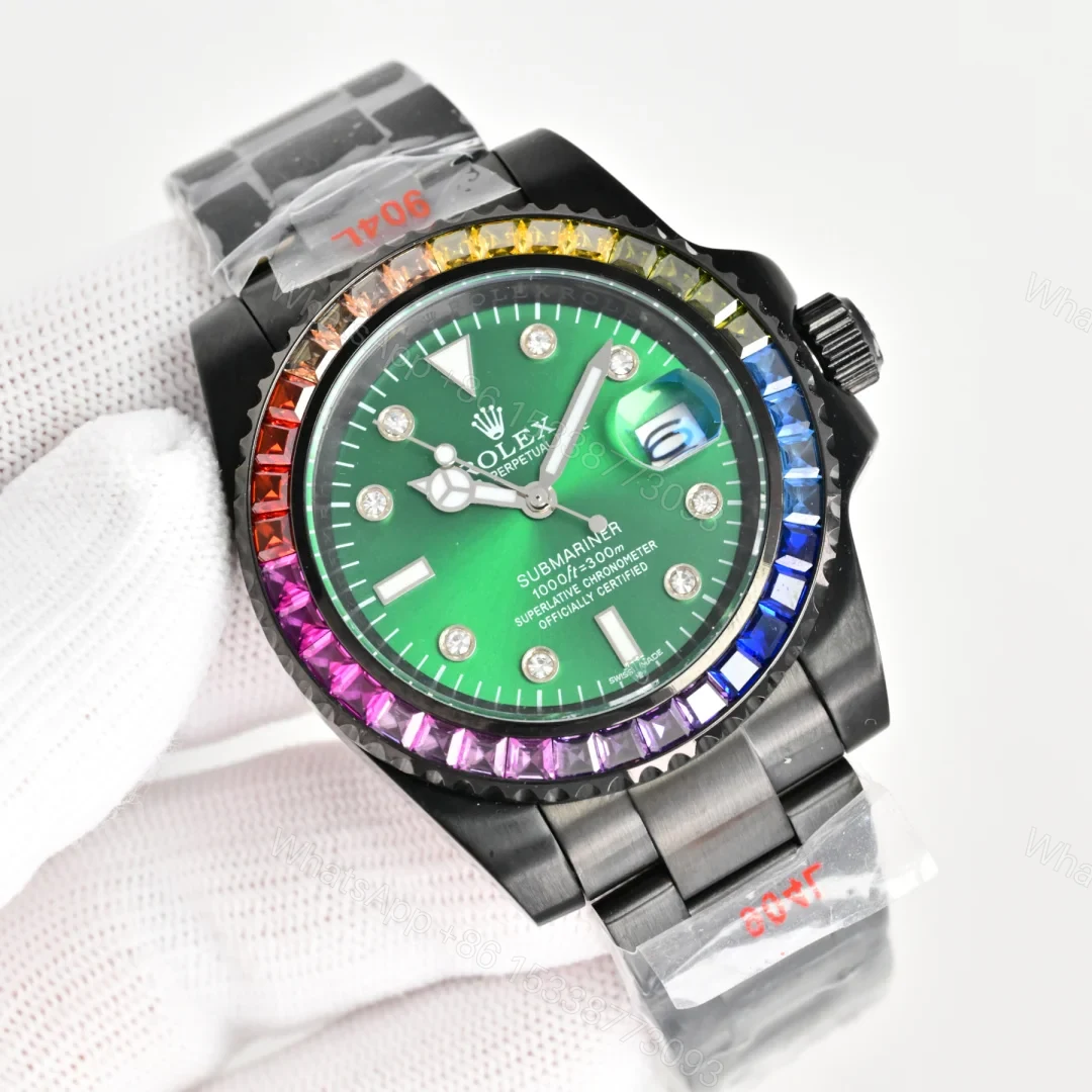 View 2 of Rolex Submariner Rainbow Bezel Replica 40MM Exclusive Green Dial Black Oyster Bracelet RG-ROLEX-SUB-RAINBOW-GREEN-40