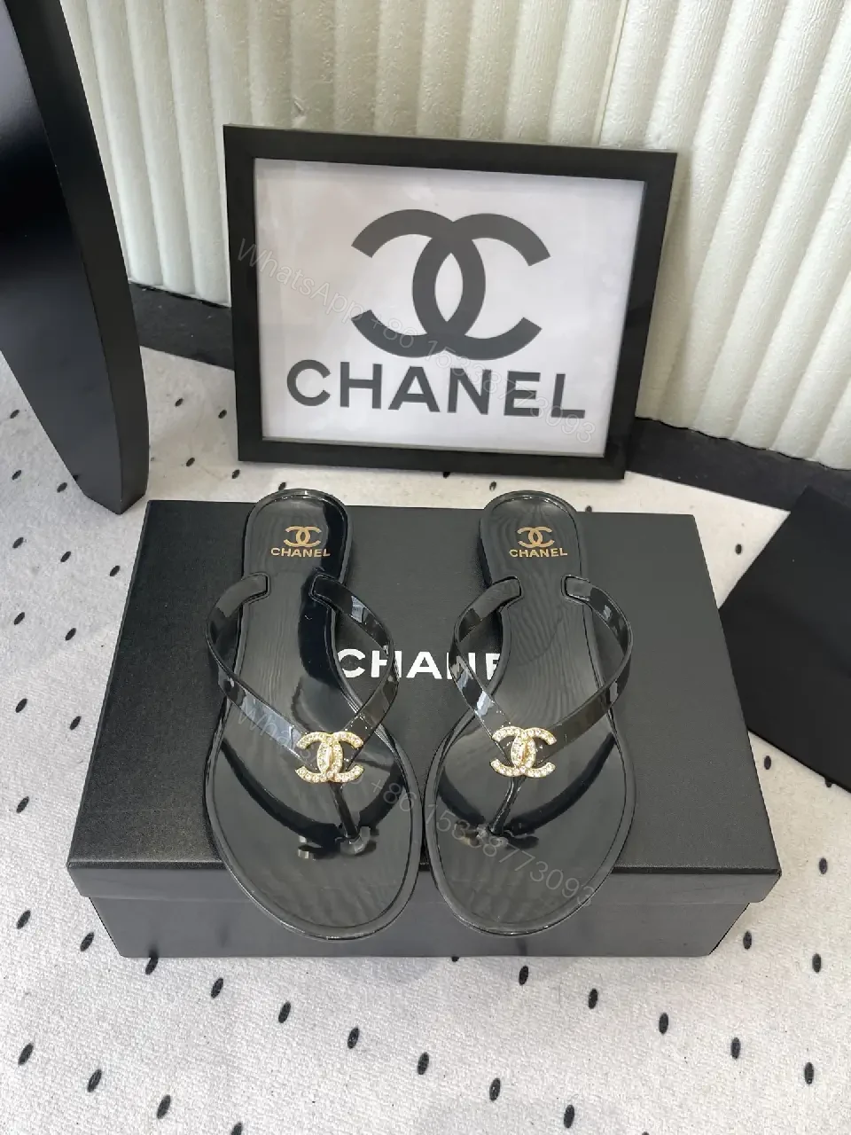 View 4 of Black Leather Plastic Sandals Classic Gold Chanel Logo Sandals
