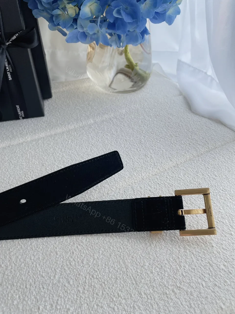 View 2 of Lux Black Leather Belt with Gold Buckle, Subtle Luxury Belt