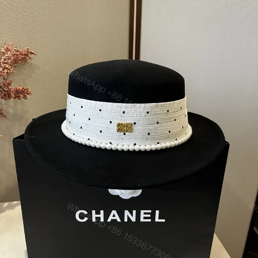 Polka Dot Wide-Brim Hat with Pearl Trim, Felt, Luxe Style — view 1