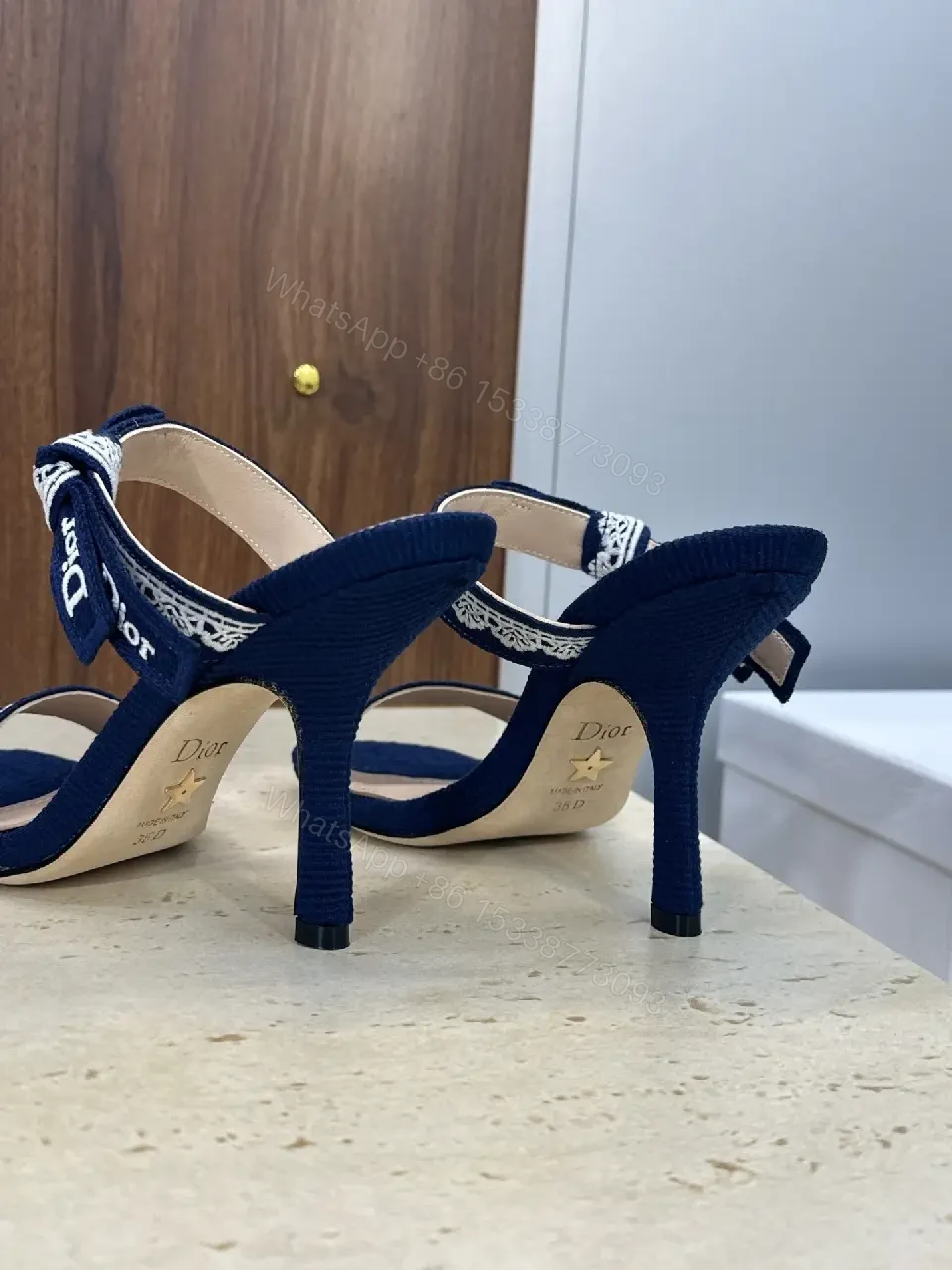 View 9 of Navy Satin Lace-Trim Heeled Sandals - Open-Toe Stiletto