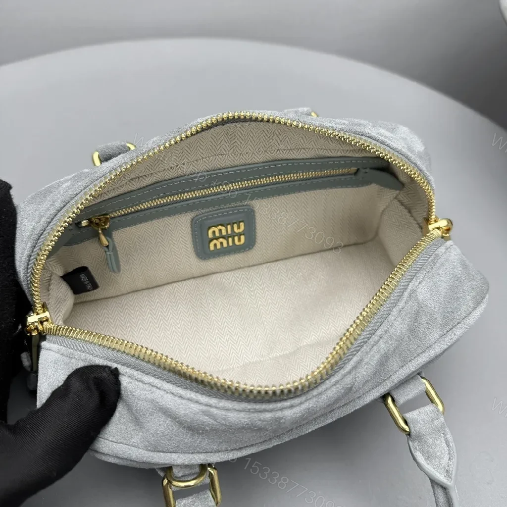 View 8 of Grey Suede Satchel — Structured Luxe, Gold Accents, Everyday Carry