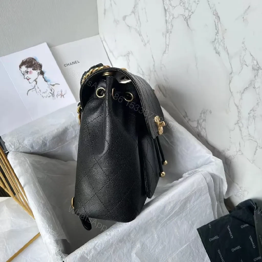 View 6 of Black Faux Leather Mini Backpack with Gold Chain Interlock