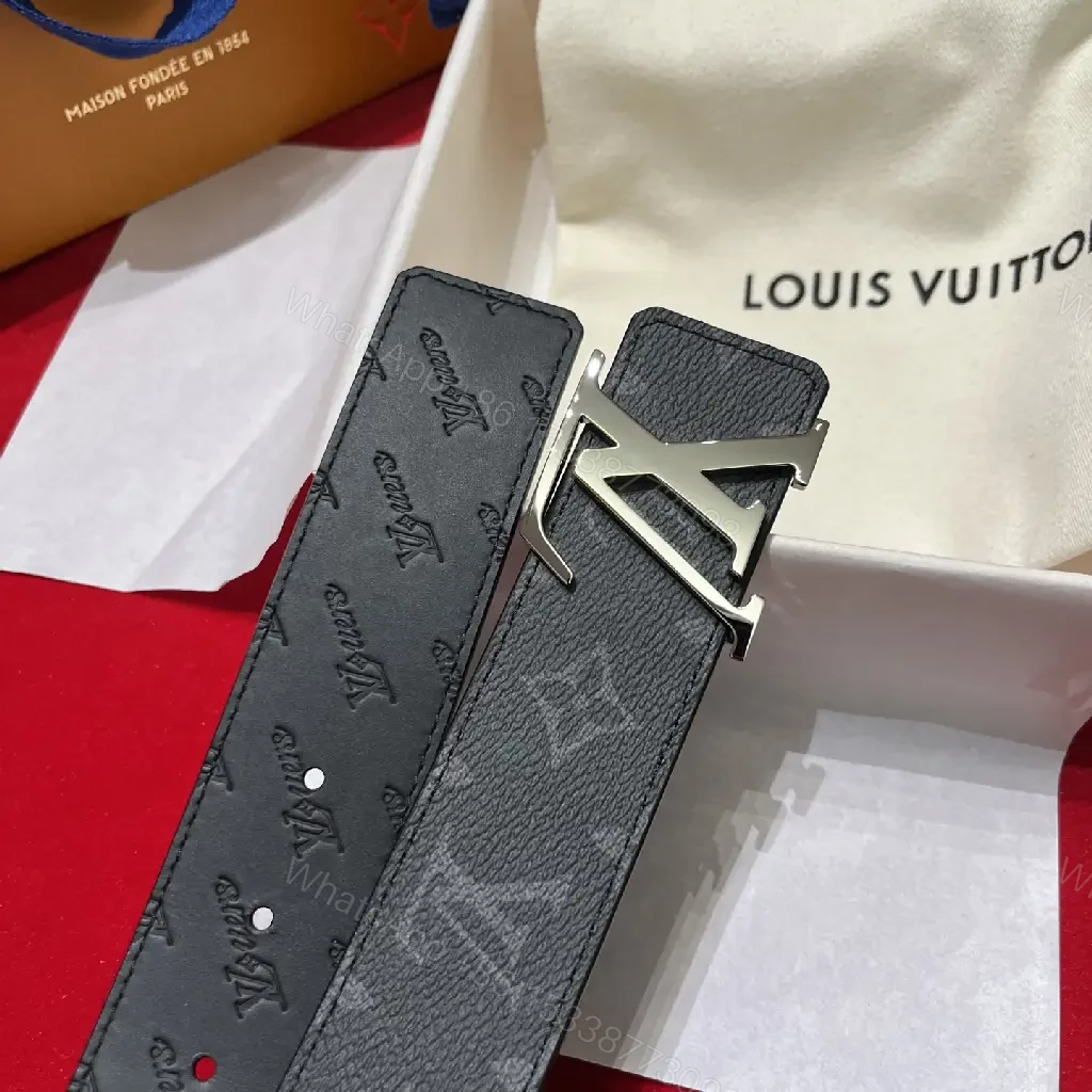 View 7 of Black Leather Belt, Embossed LV Motifs, Polished YSL-Style Buckle