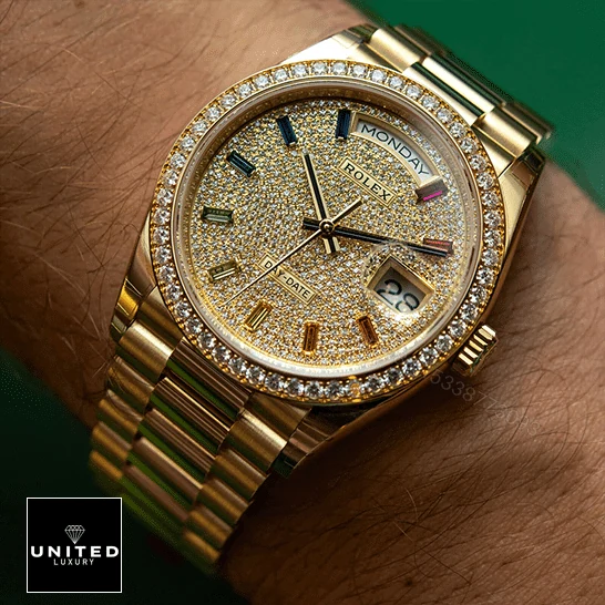 View 7 of Rolex Day-Date Yellow Gold With Pave Diamond Dial Sapphire 128348RBR-0030 Replica