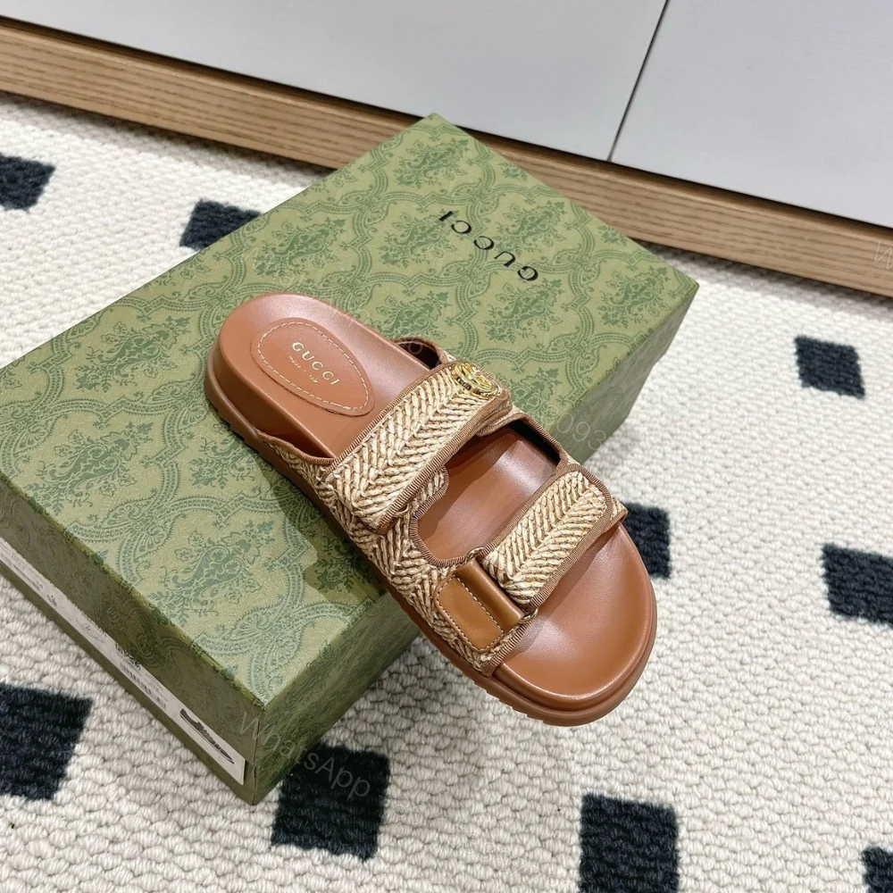 View 3 of GUCCI WOMEN SANDAL WITH DOUBLE G NATURAL RAFFIA BROWN
