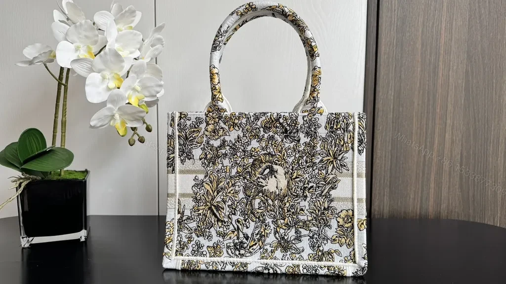 View 3 of Floral-Threaded Structured Tote: Dior-Inspired Luxury Bag