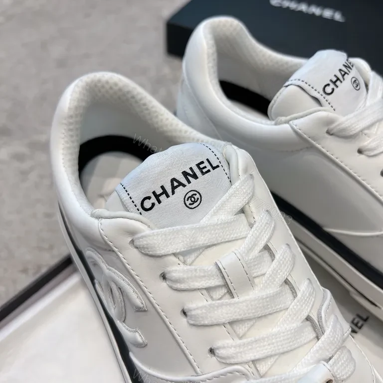 View 6 of Chanel-Inspired White Leather Sneakers with Hardware