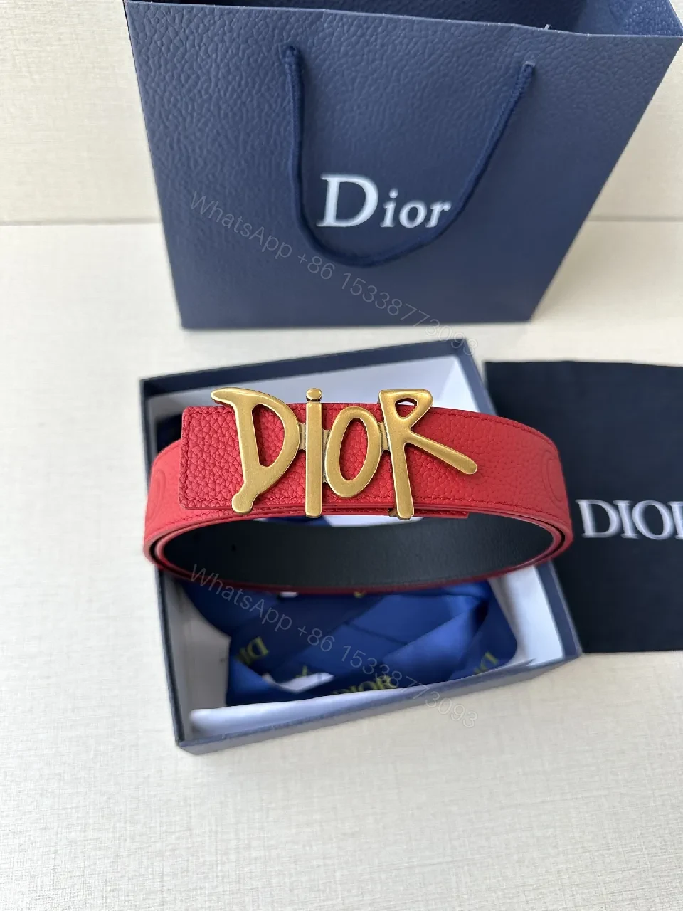 View 3 of Red Leather Belt with Silver Dior-Inspired Buckle