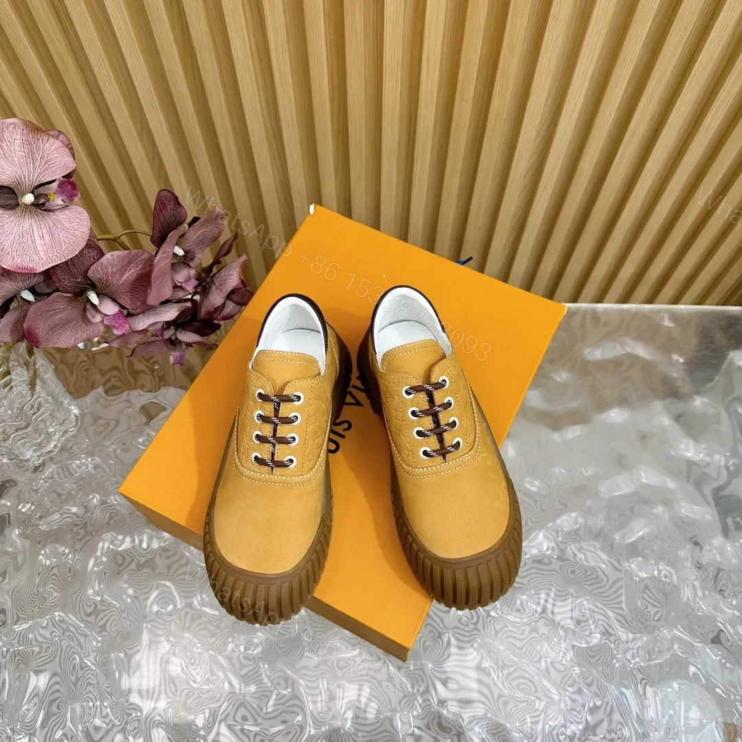 View 4 of LV Women Mustard Suede Lace-Up Sneakers