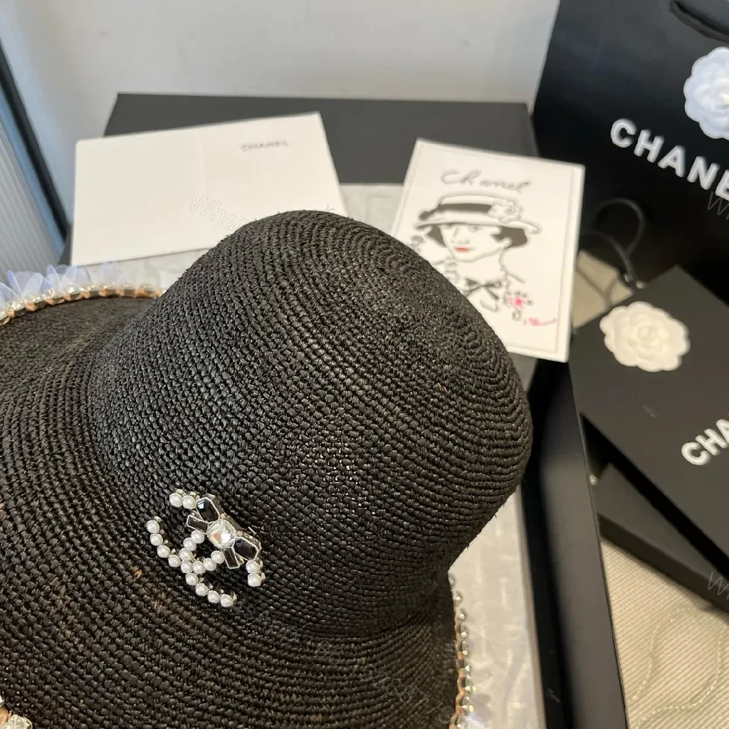 View 8 of Black Straw Hat with Pearl Logo and Crystal Trim